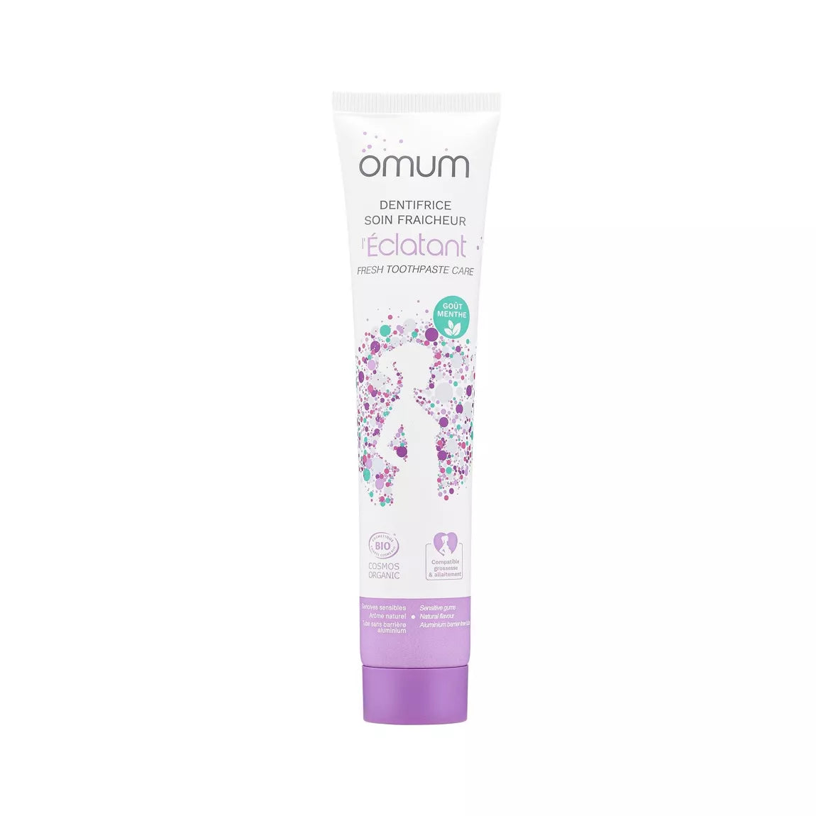 Flacon de dentifrice bio L'Éclatant Omum, au parfum menthe fraîche. Produit d'hygiène buccale pour femmes enceintes et allaitantes.