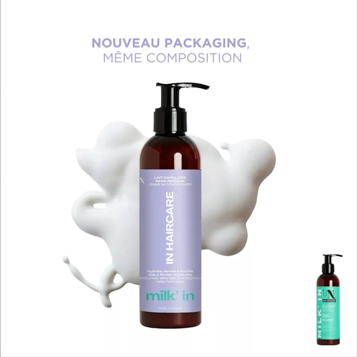 Flacon du soin capillaire leave-in Milk'In par In Haircare. Flacon blanc avec une étiquette verte. Produit pour l'hydratation et la définition des boucles.