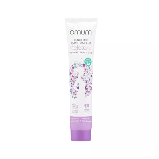 Flacon de dentifrice bio L'Éclatant Omum, au parfum menthe fraîche. Produit d'hygiène buccale pour femmes enceintes et allaitantes.