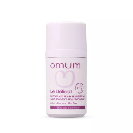 Flacon de déodorant naturel sans aluminium d'Omum, apaisant et 24h. Produit adapté pour la grossesse, le post-partum et les adolescents.