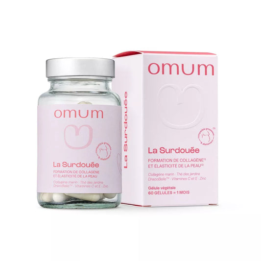 Boîte de complément alimentaire La Surdouée Omum, hydratant et anti-vergetures pour femmes enceintes et allaitantes.