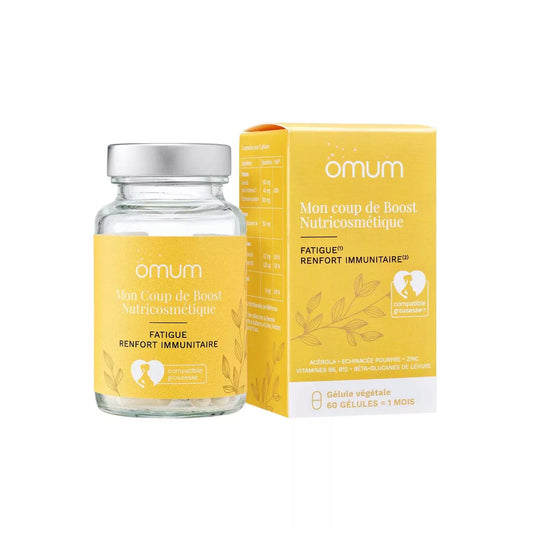 Boîte de complément alimentaire Mon Coup de Boost Omum, anti-fatigue et immunité pour femmes enceintes et allaitantes.
